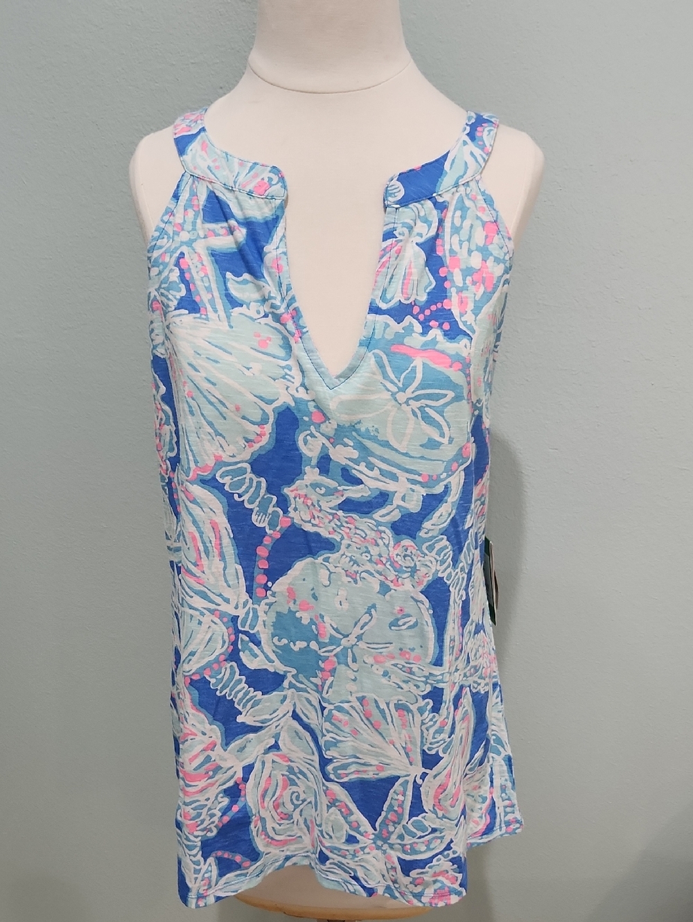 Lilly Pulitzer Blue, White & Pink Shell-Print Sleeveless Top